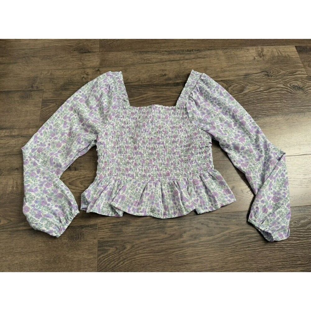 EUC Womens Japna smocked cropped floral ruffle puff sleeve size M